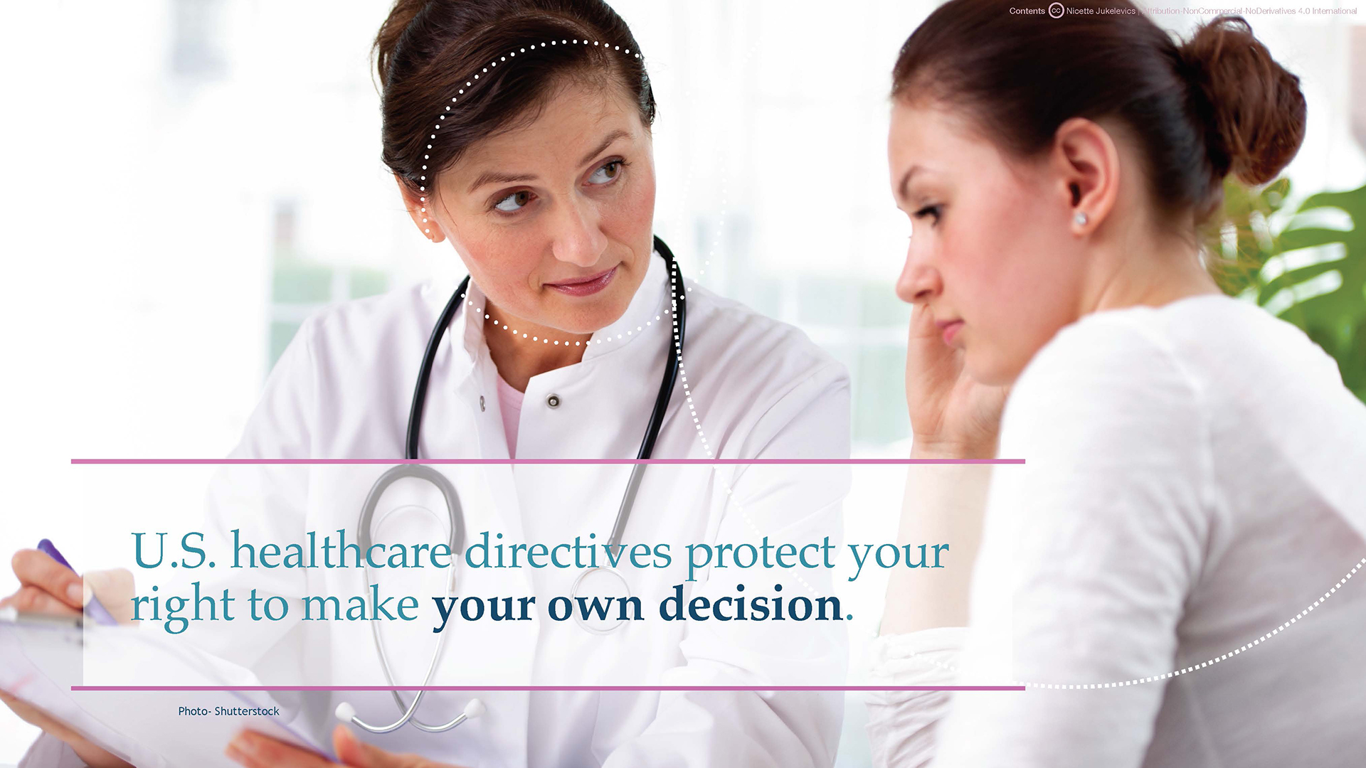 Woman and her doctor, text states, "U.S. healthcare directives protect your right to make your own decision."