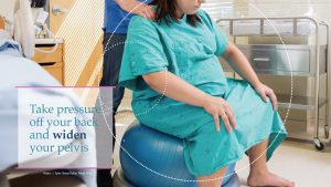 Pregnant woman sits on an exercise ball while partner massages her shoulders, text states, "Take pressure off your back and widen you pelvis".