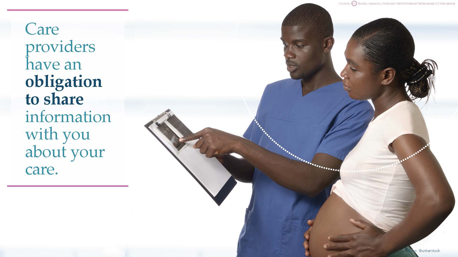 1_Page_08 Pregnant woman looks at papers with her doctor, text states, "Care providers have an obligation to share information with you about your care."
