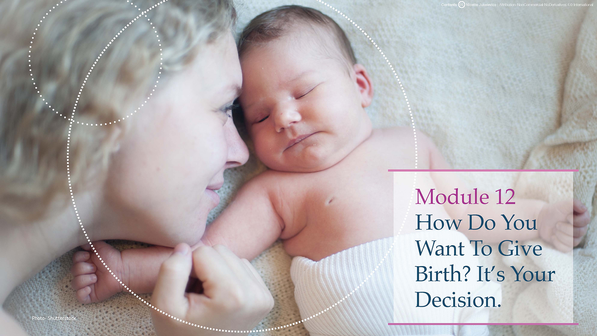 1_Page_01 Mother gazing at sleeping infant, text states, "Module 12, How Do You Want To Give Birth? It's Your Decision."